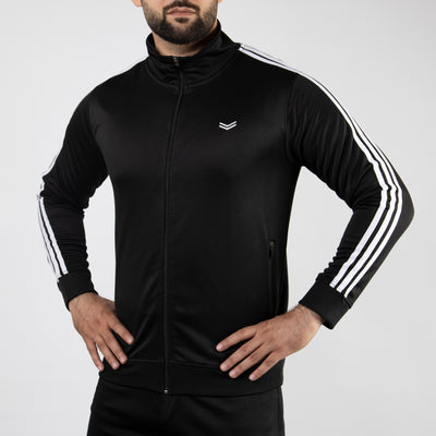 Black Quick Dry Mock Neck Zipper Jacket with White Three Stripes