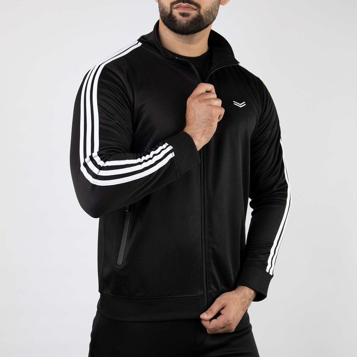 Black Quick Dry Mock Neck Zipper Jacket with White Three Stripes