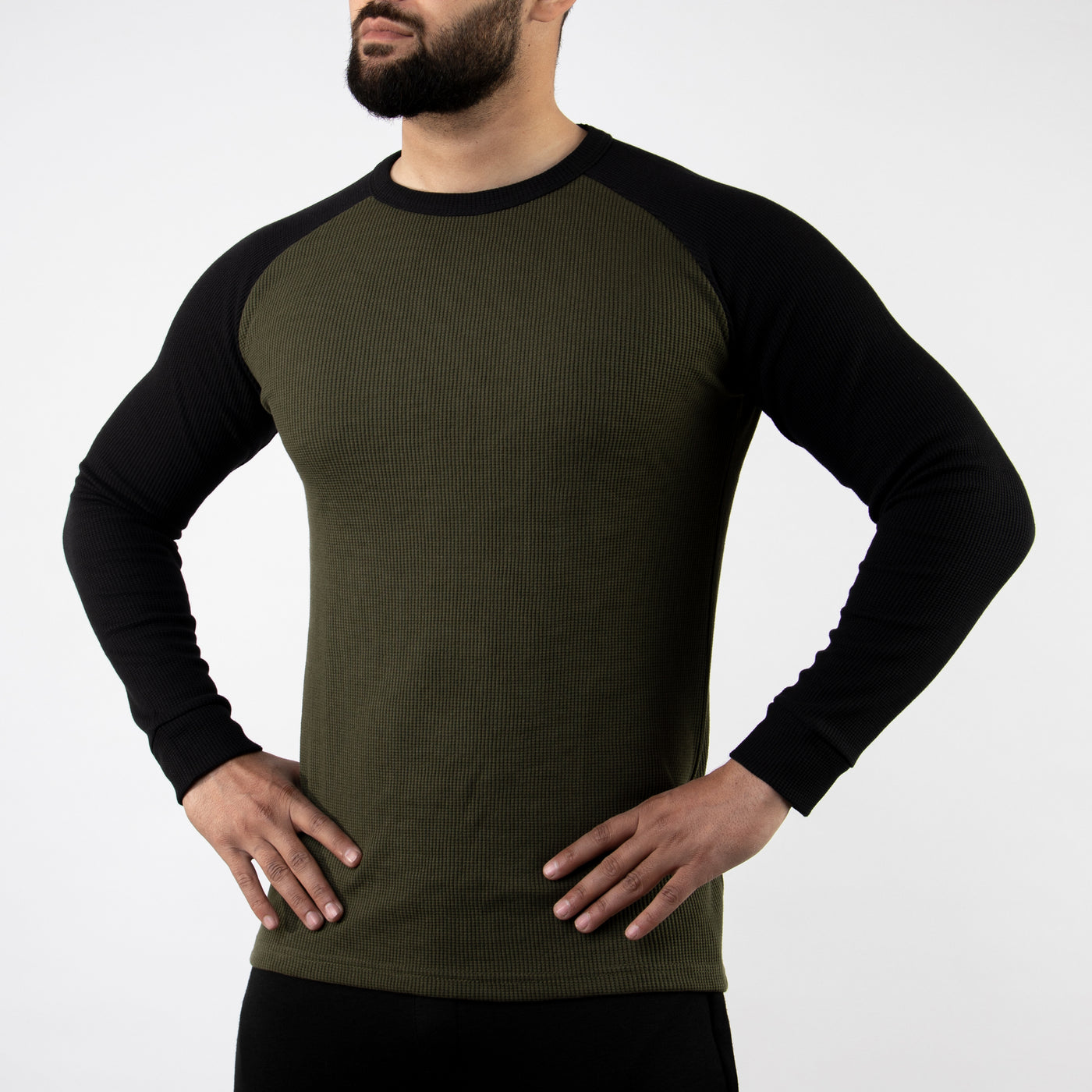 Olive & Black Thermal Waffle-Knit Raglan