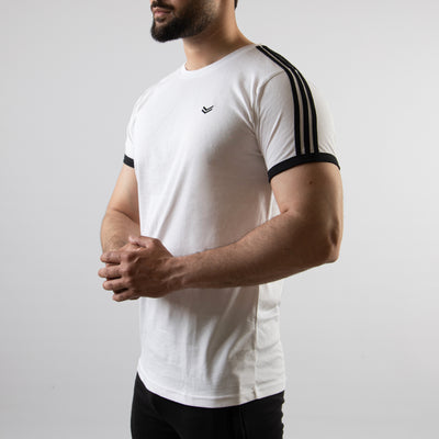 White Ringer T-Shirt with Three Shoulder Stripes
