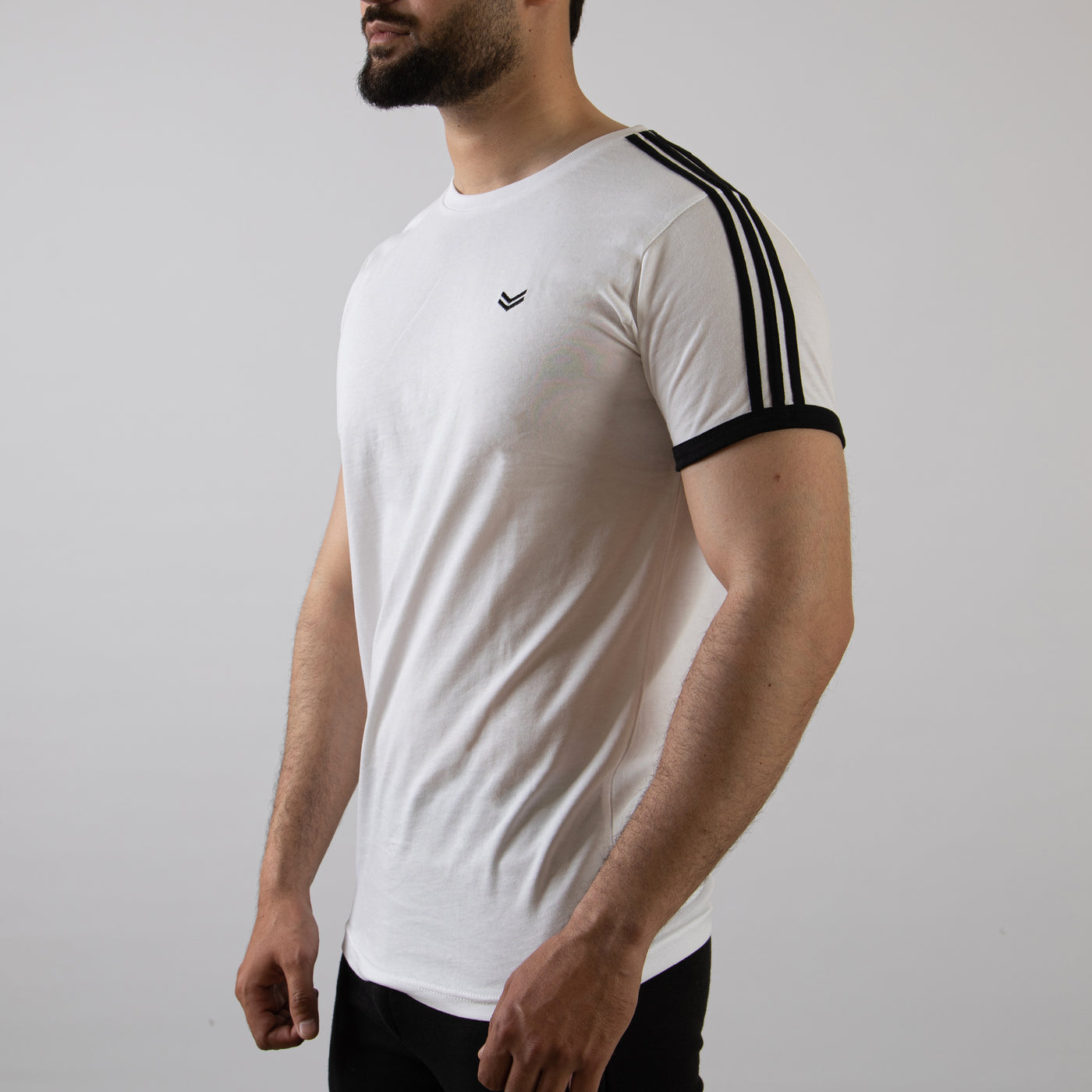 White Ringer T-Shirt with Three Shoulder Stripes