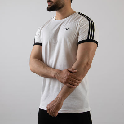 White Ringer T-Shirt with Three Shoulder Stripes