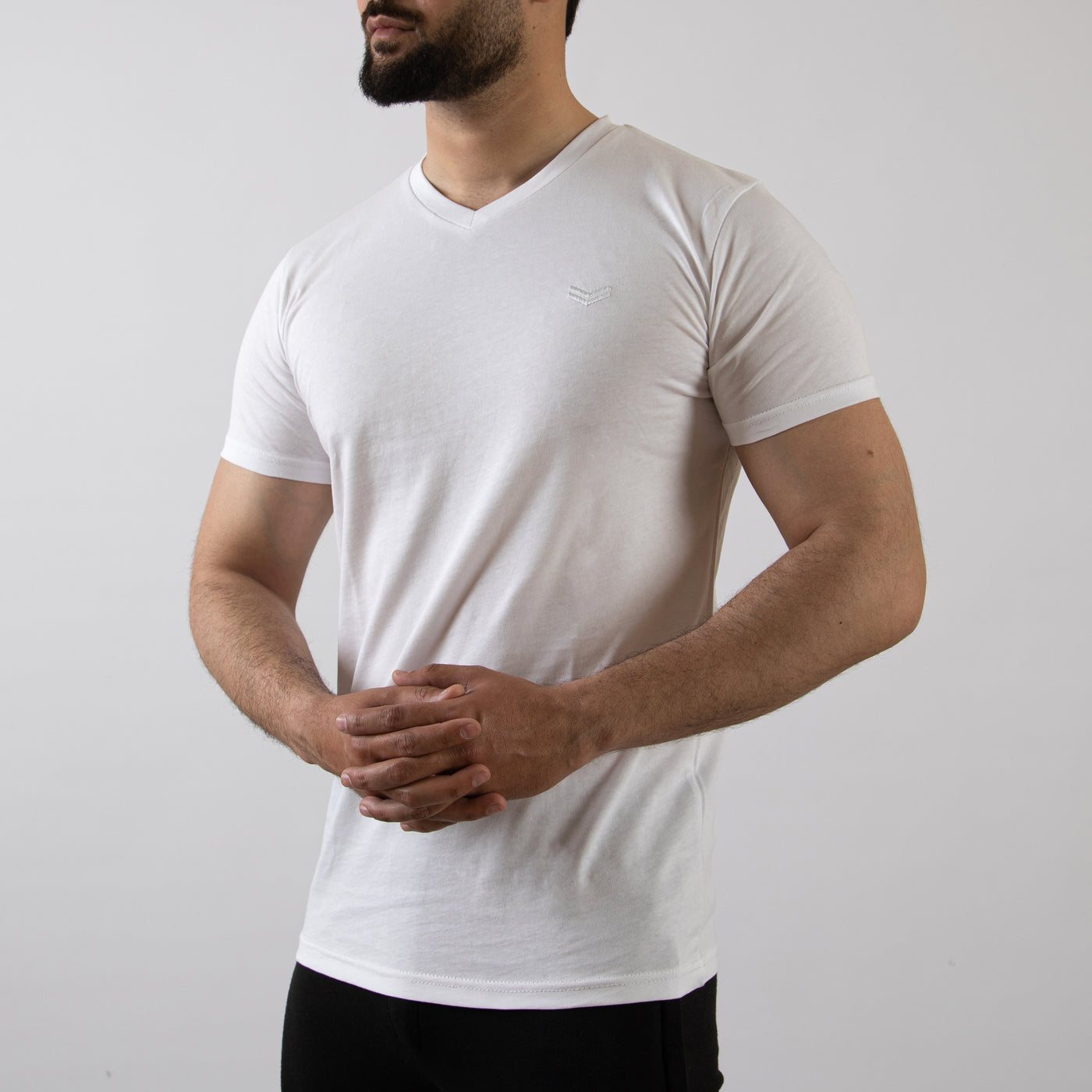 White V-Neck T-Shirt with Self Embroidered Logo