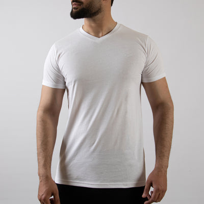 White V-Neck T-Shirt with Self Embroidered Logo