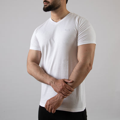 White V-Neck T-Shirt with Self Embroidered Logo
