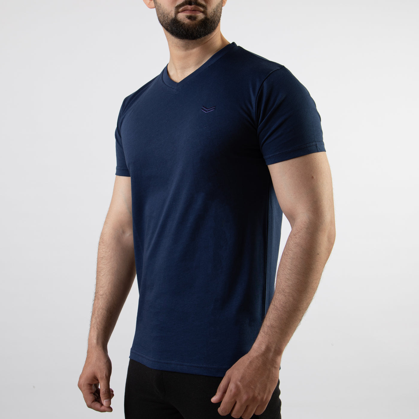 Navy V-Neck T-Shirt with Self Embroidered Logo