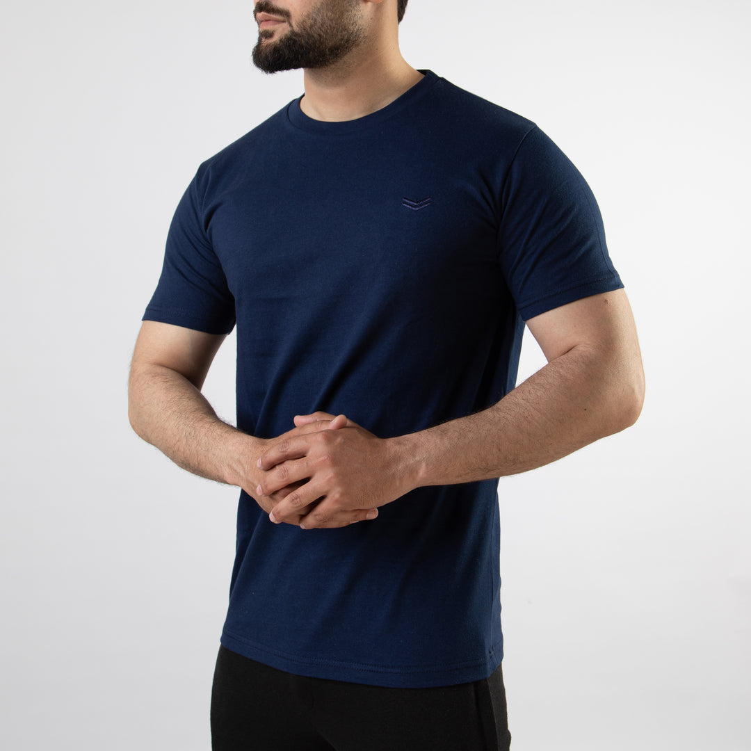 Navy Round-Neck T-Shirt with Self Embroidered Logo