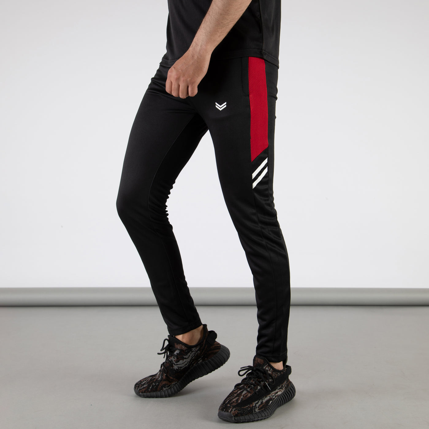 Black Quick Dry Hybrid Bottoms with Short Red Mesh Panels & Two Stripes