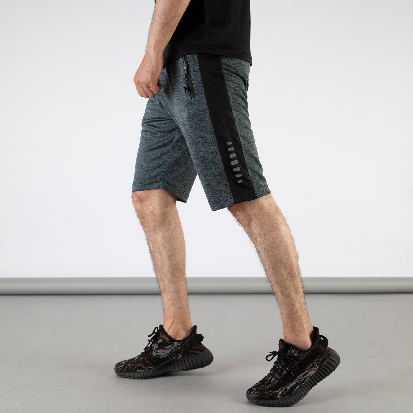 Gray Textured Quick Dry Shorts with Black Panels & Reflective Detailing