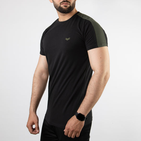 Black Lycra Cotton T-Shirt with Olive Shoulder Panels