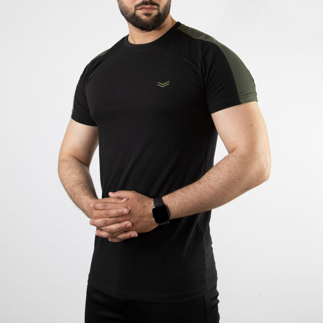 Black Lycra Cotton T-Shirt with Olive Shoulder Panels