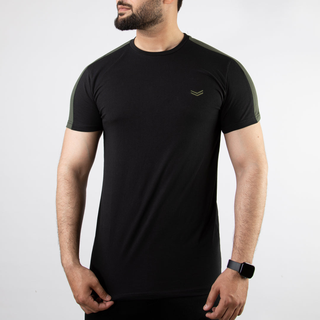 Black Lycra Cotton T-Shirt with Olive Shoulder Panels
