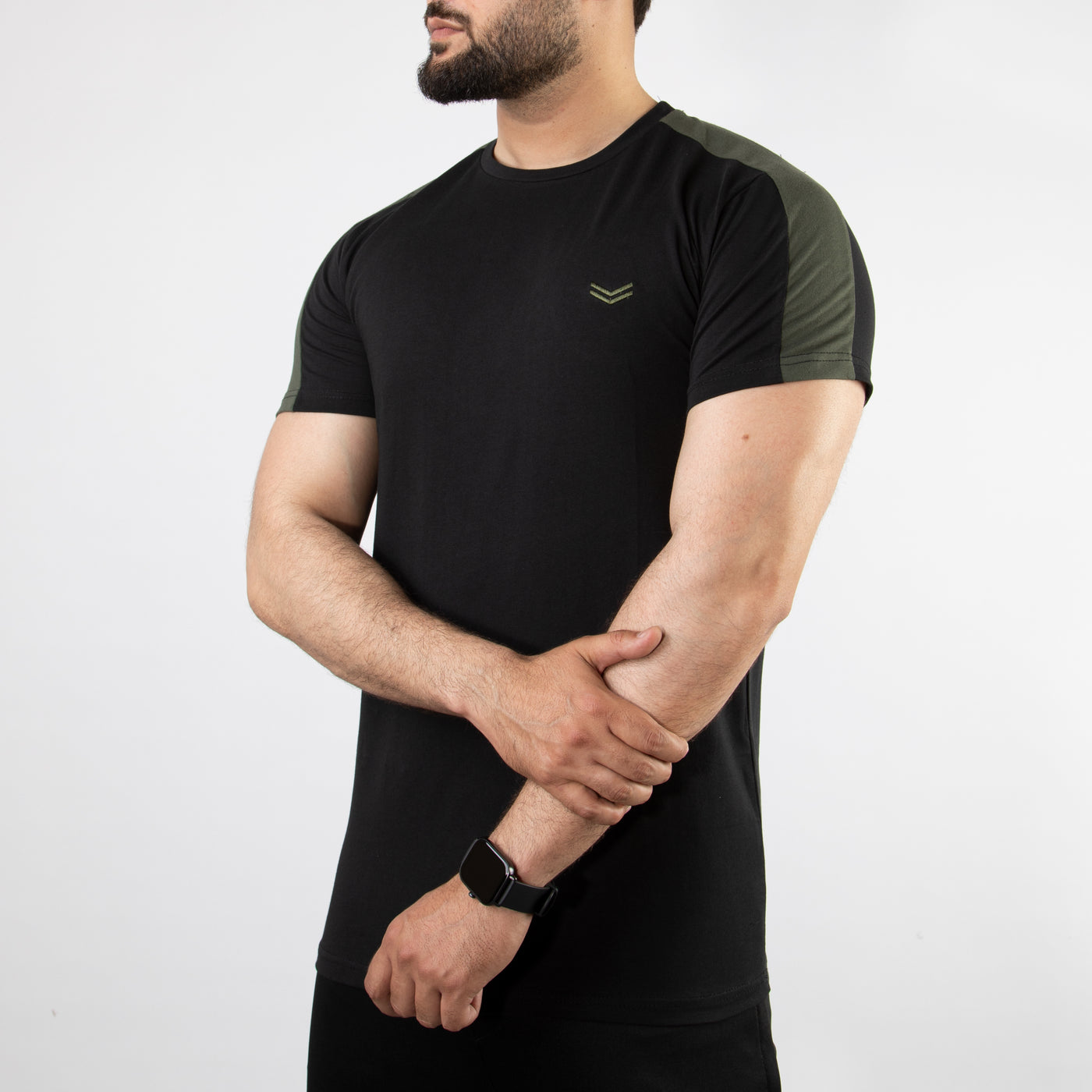 Black Lycra Cotton T-Shirt with Olive Shoulder Panels