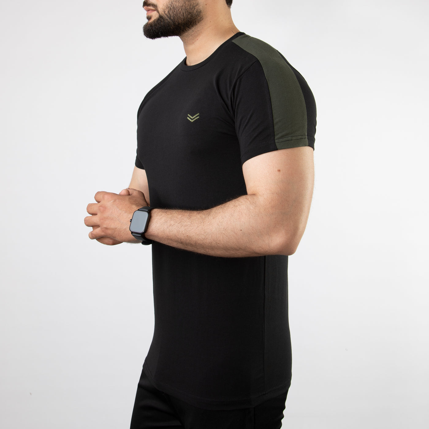 Black Lycra Cotton T-Shirt with Olive Shoulder Panels