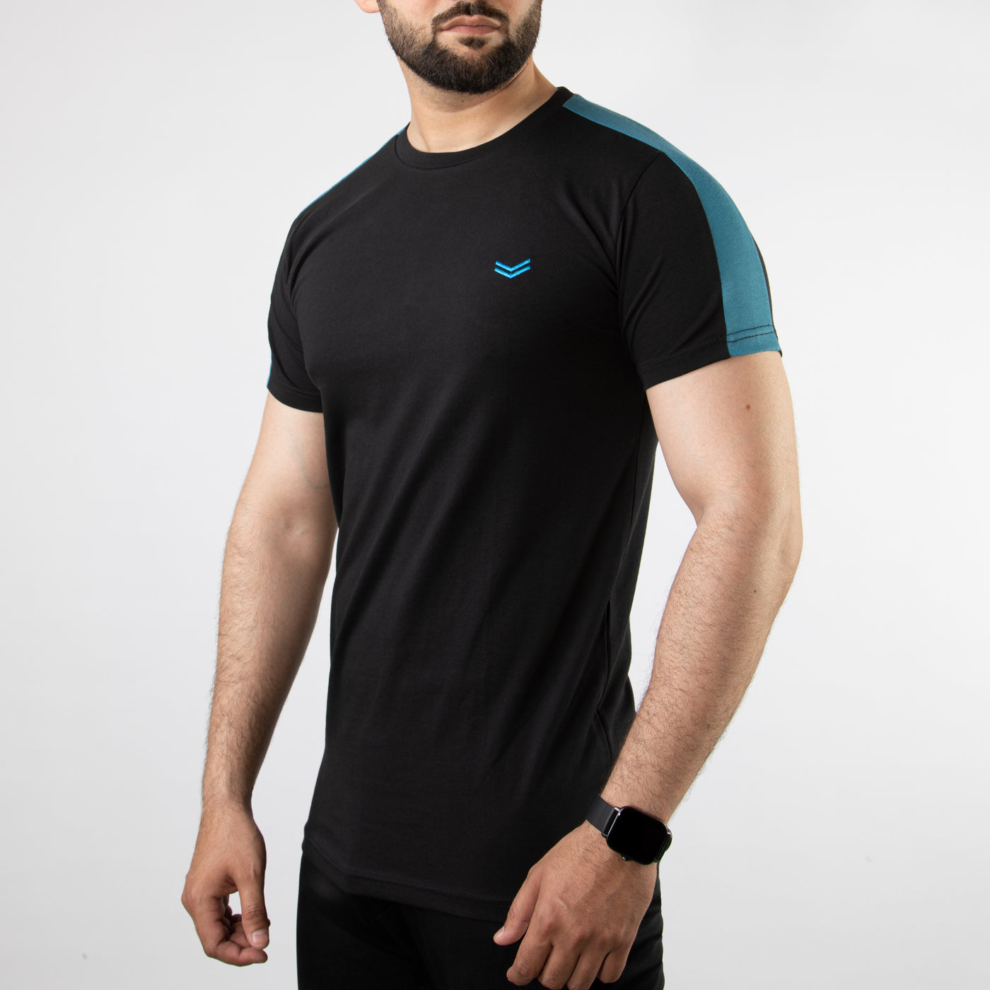 Black Lycra Cotton T-Shirt with Blue Shoulder Panels