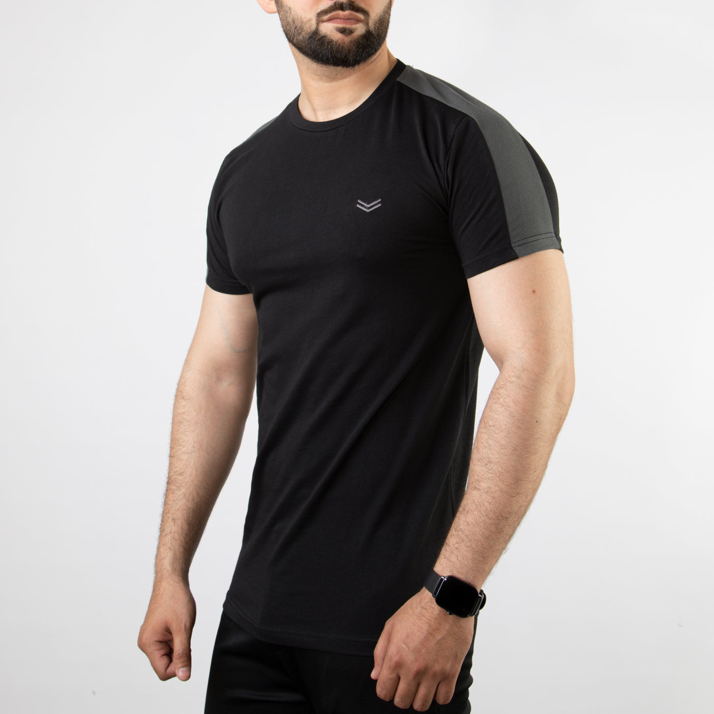 Black Lycra Cotton T-Shirt with Gray Shoulder Panels