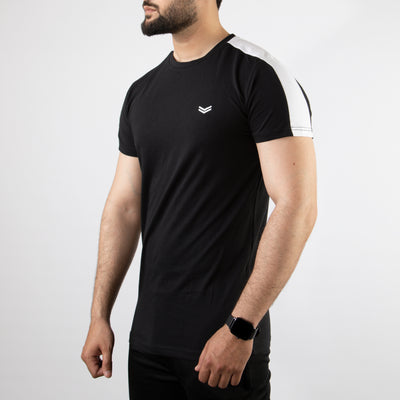 Black Lycra Cotton T-Shirt with White Shoulder Panels