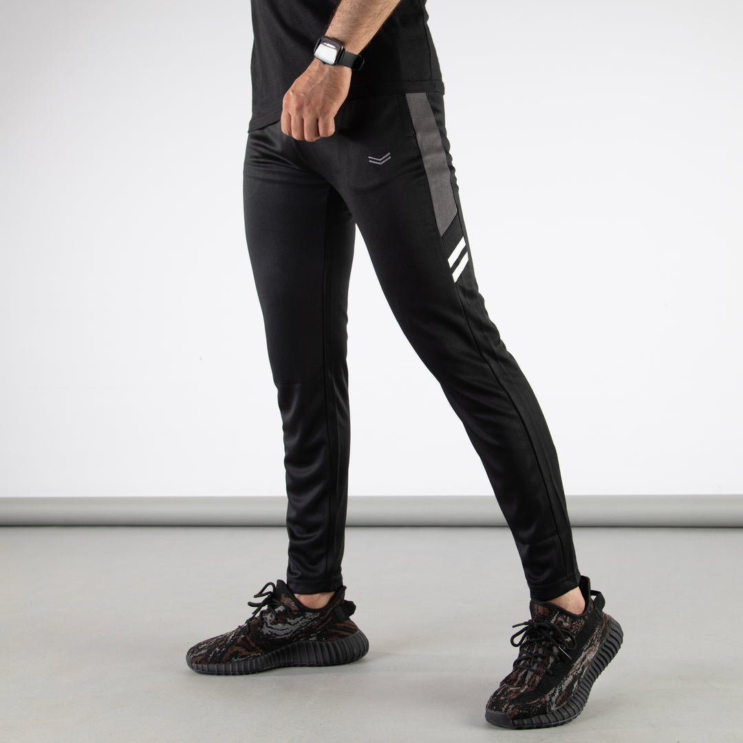 Black Quick Dry Hybrid Bottoms with Short Gray Mesh Panels &amp; Two Stripes