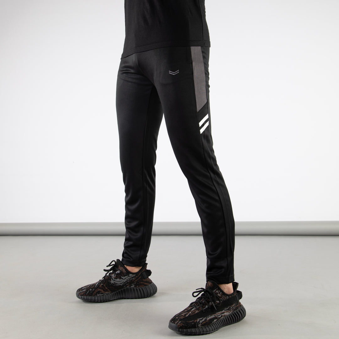 Black Quick Dry Hybrid Bottoms with Short Gray Mesh Panels &amp; Two Stripes