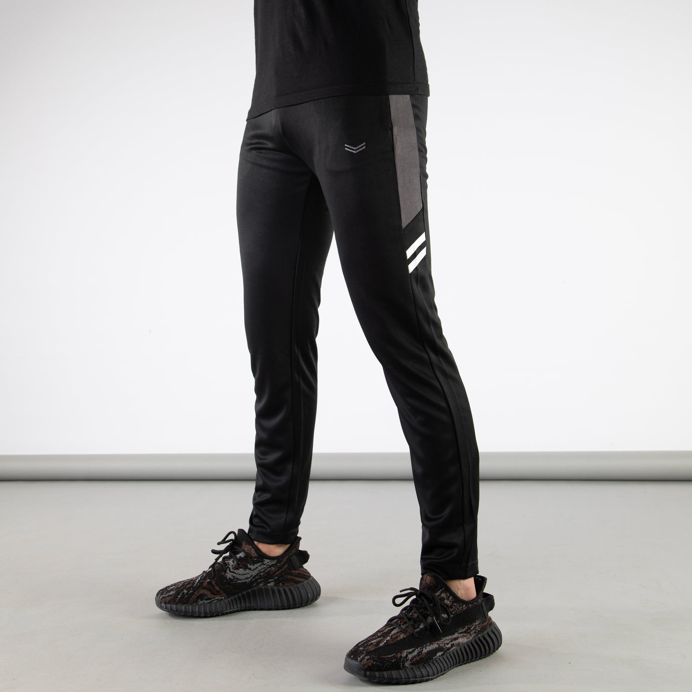 Black Quick Dry Hybrid Bottoms with Short Gray Mesh Panels & Two Stripes
