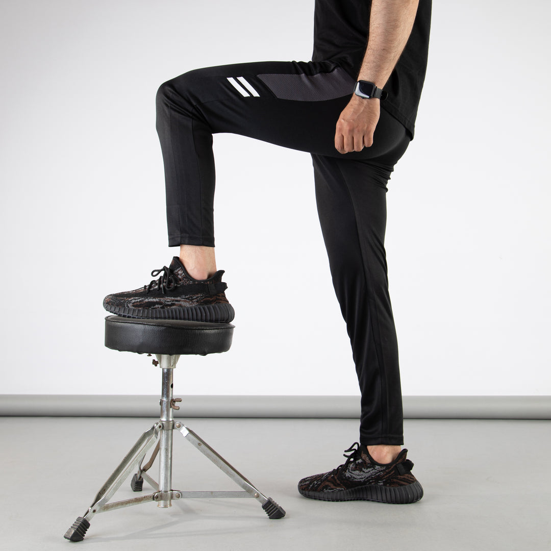Black Quick Dry Hybrid Bottoms with Short Gray Mesh Panels &amp; Two Stripes