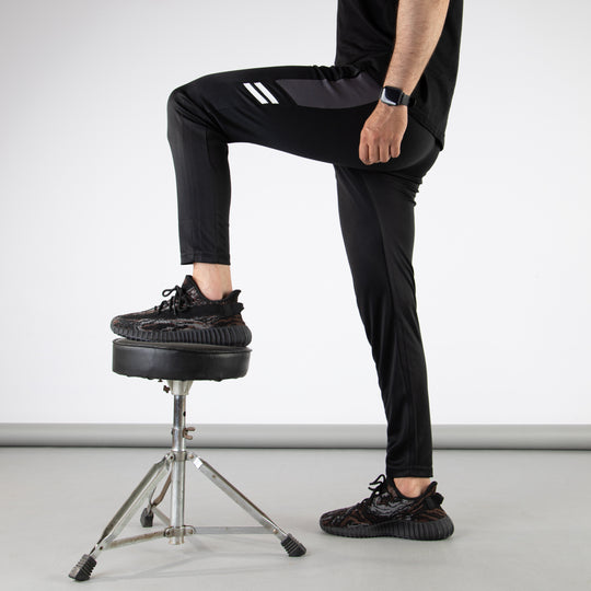Black Quick Dry Hybrid Bottoms with Short Gray Mesh Panels &amp; Two Stripes
