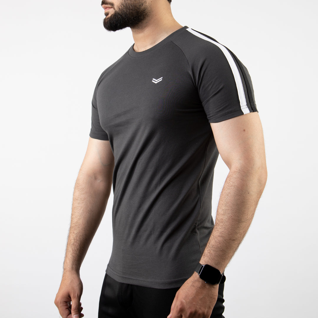 Dark Gray T-Shirt with White & Black Shoulder Stripes