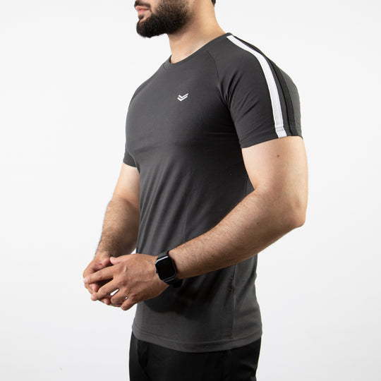 Dark Gray T-Shirt with White & Black Shoulder Stripes