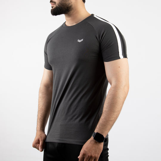 Dark Gray T-Shirt with White & Black Shoulder Stripes