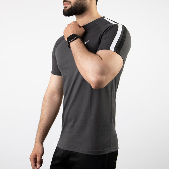Dark Gray T-Shirt with White & Black Shoulder Stripes