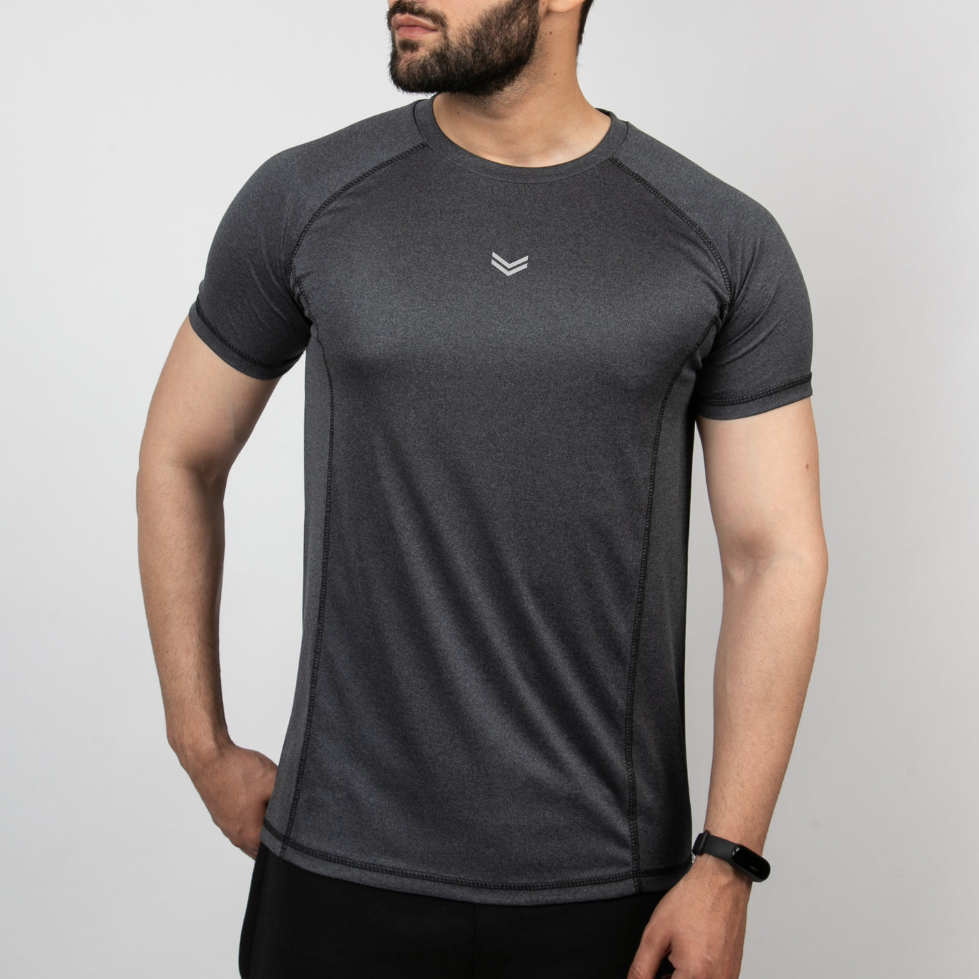 Textured Charcoal Quick Dry Tee with Thread Detailing & Reflector Logo