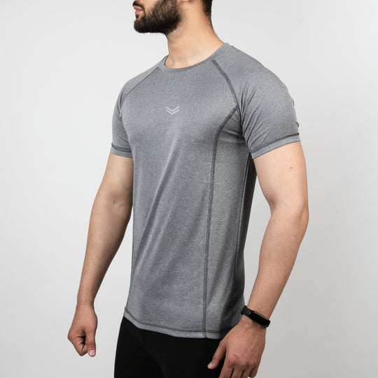 Textured Gray Quick Dry Tee with Thread Detailing & Reflector Logo