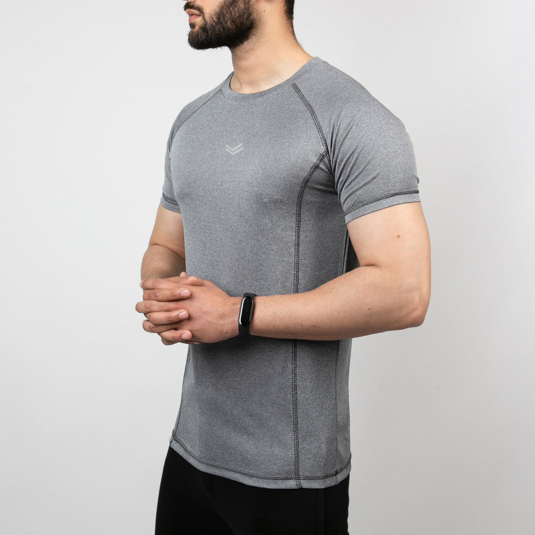Textured Gray Quick Dry Tee with Thread Detailing & Reflector Logo