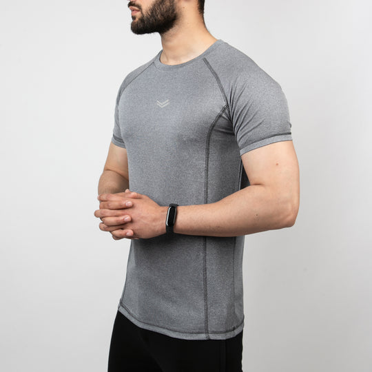 Textured Gray Quick Dry Tee with Thread Detailing & Reflector Logo
