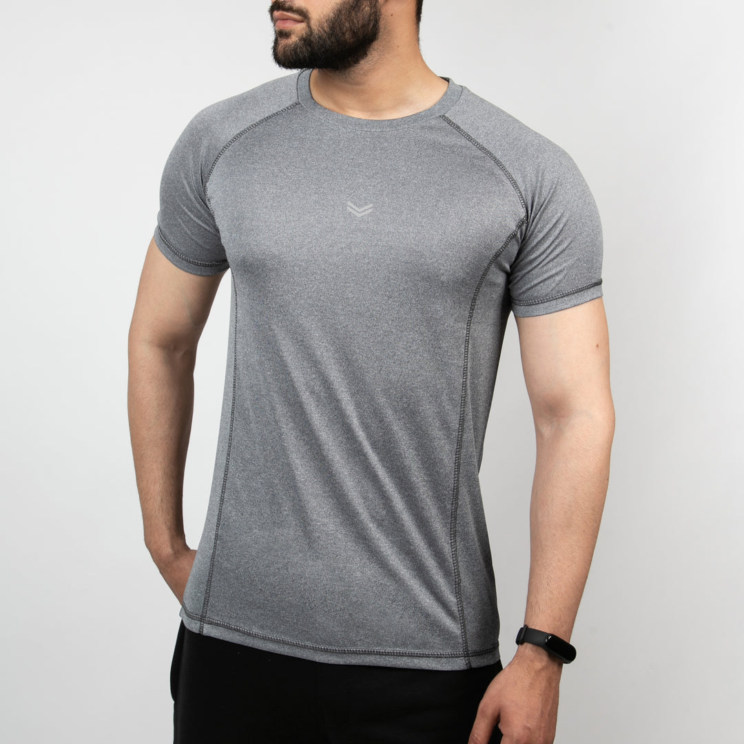Textured Gray Quick Dry Tee with Thread Detailing & Reflector Logo