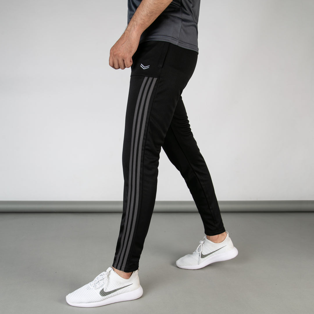 Black Quick Dry Paneled Bottoms with Forward Three Charcoal Stripes