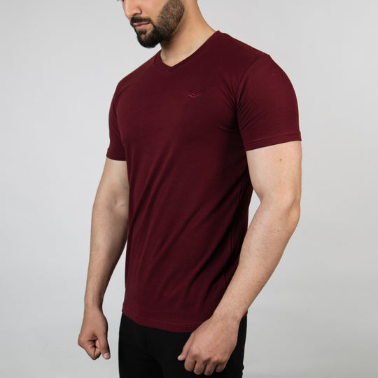 Burgundy V-Neck Lycra T-Shirt with Self Embroidered Logo