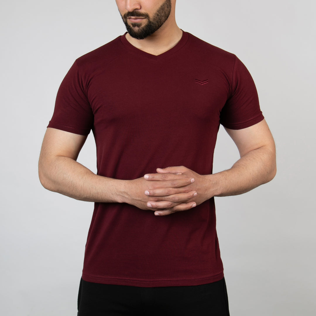 Burgundy V-Neck Lycra T-Shirt with Self Embroidered Logo