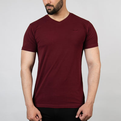 Burgundy V-Neck Lycra T-Shirt with Self Embroidered Logo