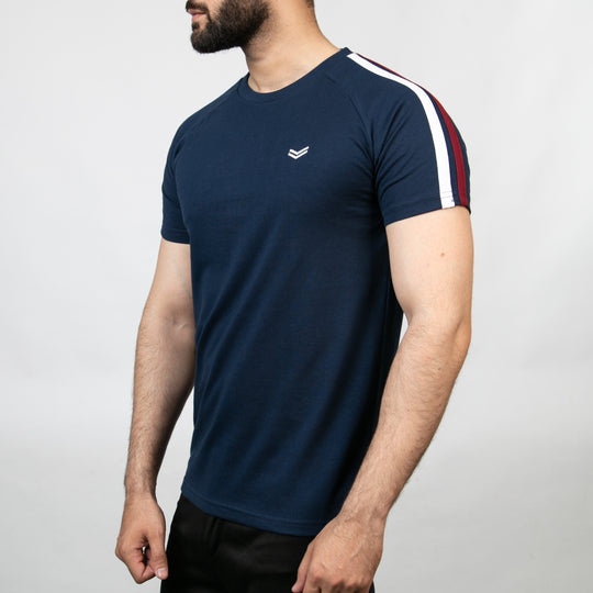 Navy T-Shirt with White &amp; Red Shoulder Stripes — view 3