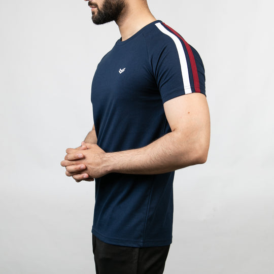Navy T-Shirt with White &amp; Red Shoulder Stripes — view 5