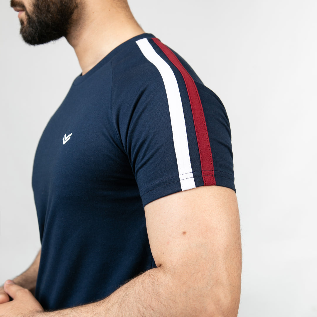Navy T-Shirt with White &amp; Red Shoulder Stripes — view 2
