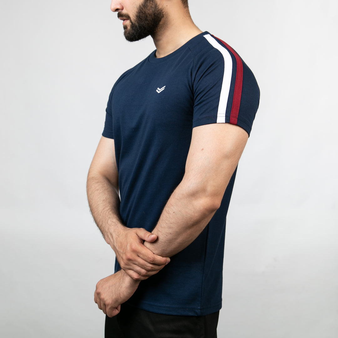 Navy T-Shirt with White &amp; Red Shoulder Stripes