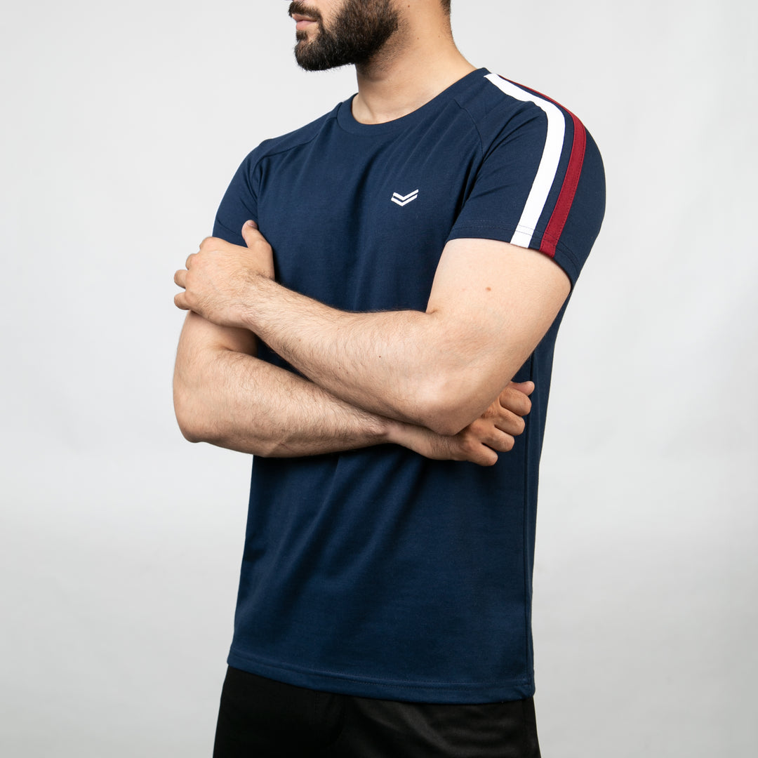 Navy T-Shirt with White &amp; Red Shoulder Stripes — view 6