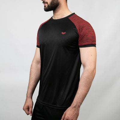 Black Quick Dry T-Shirt with Textured Maroon Ringer Sleeves