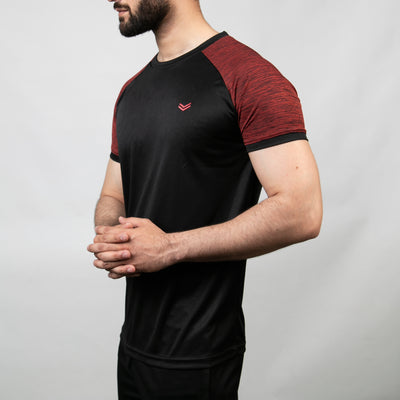 Black Quick Dry T-Shirt with Textured Maroon Ringer Sleeves