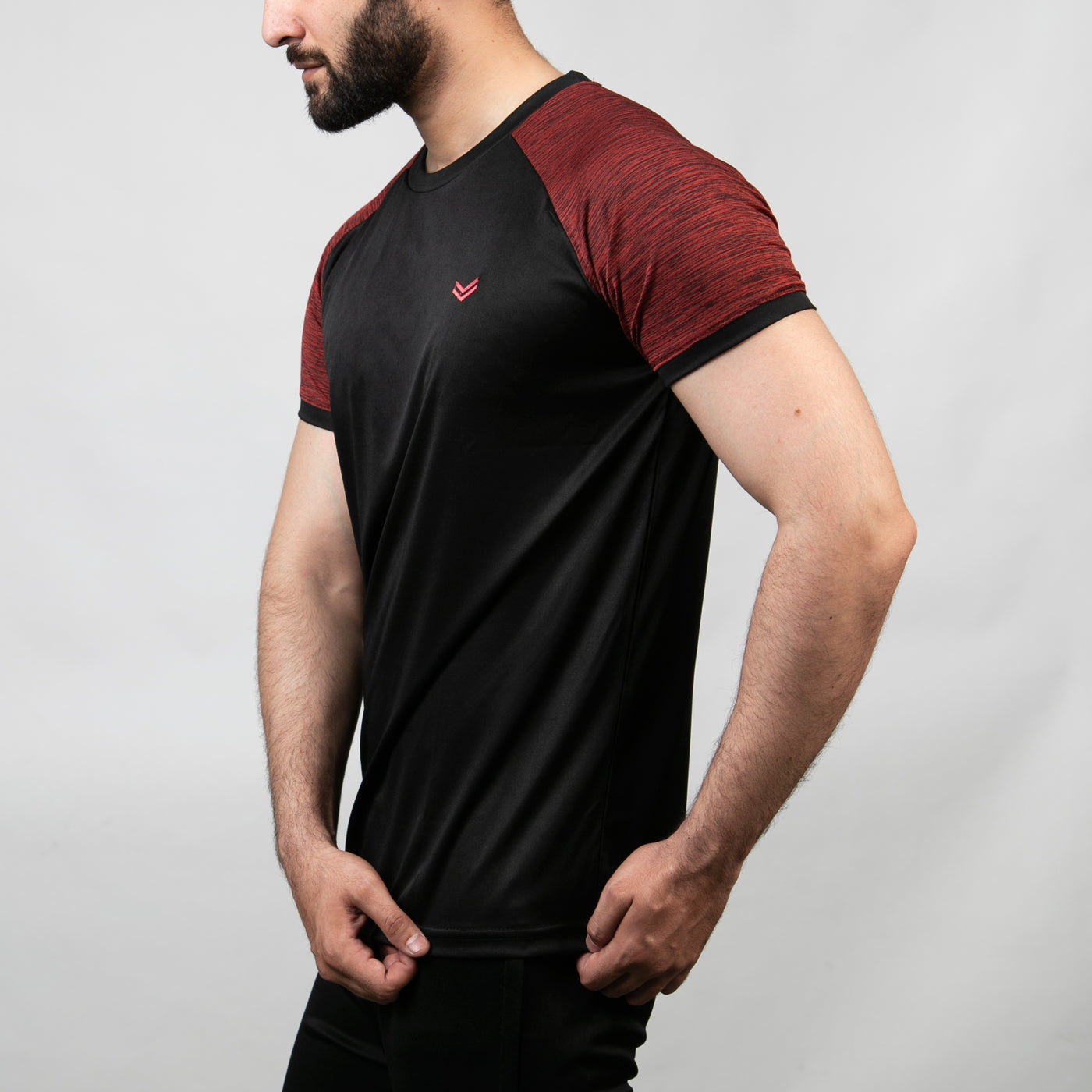 Black Quick Dry T-Shirt with Textured Maroon Ringer Sleeves