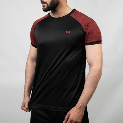 Black Quick Dry T-Shirt with Textured Maroon Ringer Sleeves
