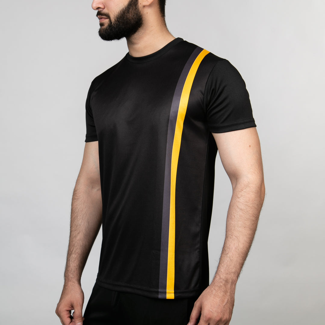 Premium Black Quick Dry T-Shirt with Vertical Yellow &amp; Gray Stripes — view 2