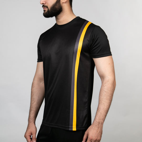 Premium Black Quick Dry T-Shirt with Vertical Yellow &amp; Gray Stripes — view 2